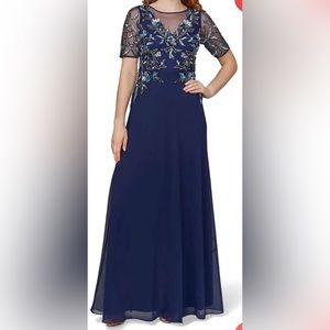 Adriana Papell Embellished A Line Dress Navy Blue Sequined Gown NWT Us 4
